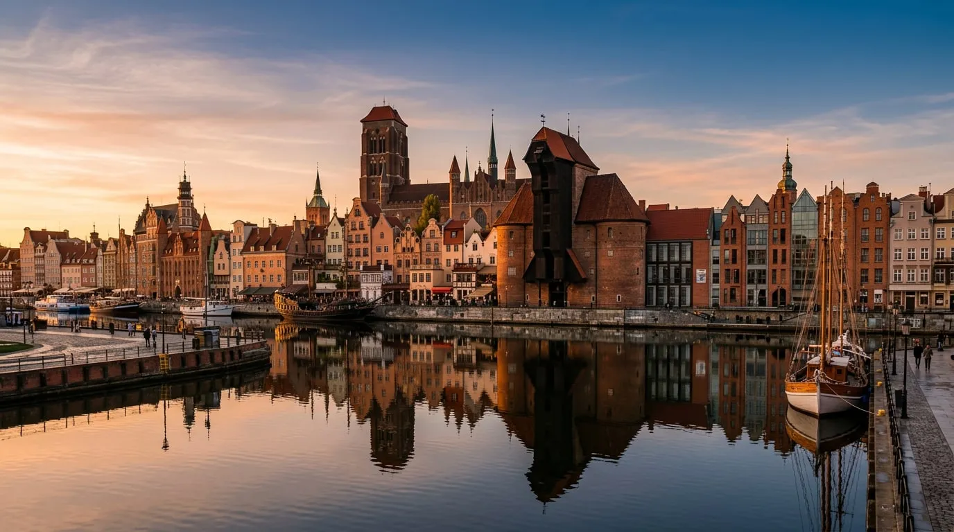 Gdańsk'ta Motława kıyısında tarihi şehir silueti ve Żuraw vinci